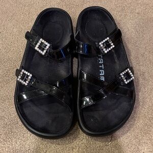 Tatami/Birkenstock sole 37 Black Patent Slide Sandals with Rhinestone Buckles